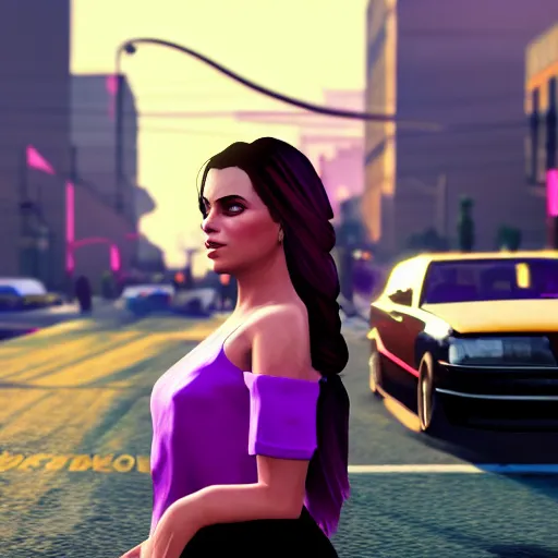 Image similar to a stunning GTA V loading screen with a beautiful woman with ombre hairstyle in purple and pink blowing in the wind, city streets, golden ratio, digital art, trending on artstation