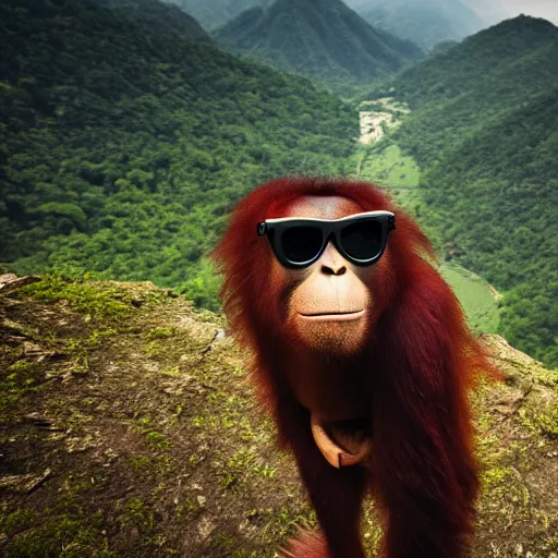 Prompt: high quality landscape photo of a smiling orangutan wearing cool dark sun glasses, ultra wide lens picture, detailed picture, cinematic composition, landscape photo