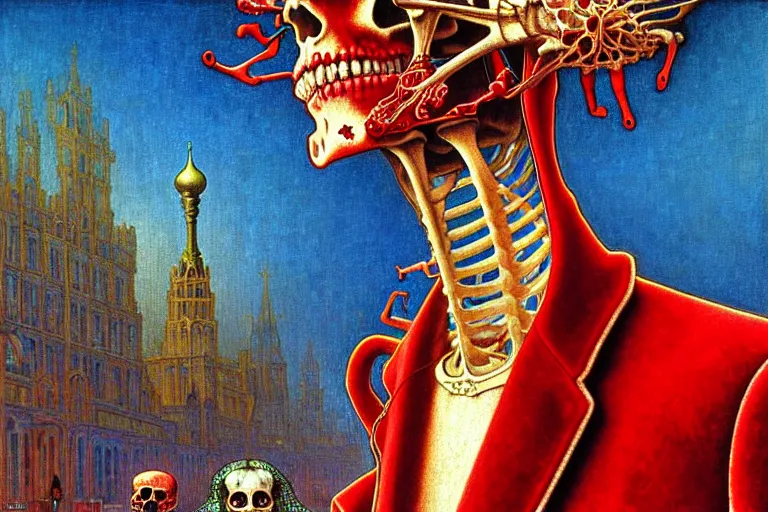 Image similar to realistic detailed closeup portrait painting of a single skeleton wearing red velvet blazer in a crowded futuristic moscow street by Jean Delville, Amano, Yves Tanguy, Alphonse Mucha, Ernst Haeckel, Edward Robert Hughes, Roger Dean, rich moody colours, blue eyes