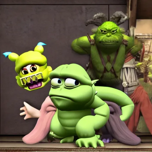 Image similar to skyrim anime godzilla yoda donkey kong pikachu yeti shrek super mario homer groot waluigi darth vader mike wazowski, highly detailed, extremely high quality, hd, 4 k, 8 k, professional photographer, 4 0 mp, lifelike, top - rated, award winning, cinematic, realistic, detailed lighting, detailed shadows, sharp, no blur, edited, corrected, trending