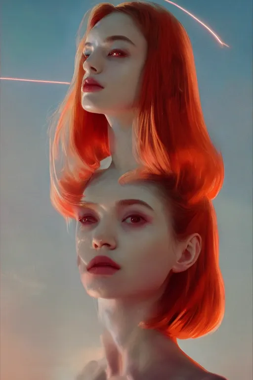 Prompt: 3 d, sci - fi, morning, fashion model face, sun, cinematic, lightning, clouds, vogue cover style, stanley kubrick, light red and orange mood, realistic painting, intricate oil painting, high detail, figurative art, multiple exposure, poster art, 3 d, by tooth wu and wlop and beeple and greg rutkowski