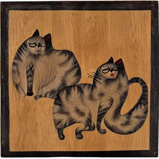 Image similar to kashmire motif of cats dissolving, made of wood