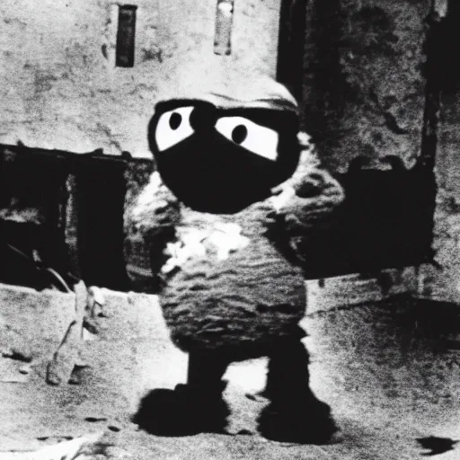 Prompt: elmo committing war crimes, black and white film photograph