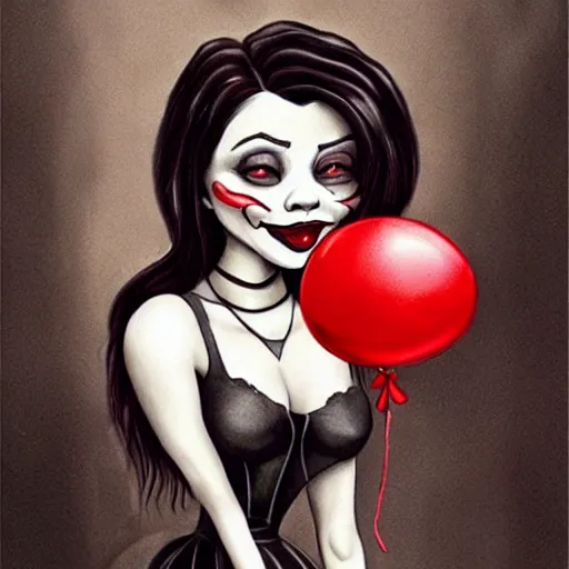 Image similar to grunge cartoon painting of kylie jenner with a wide smile and a red balloon by chris leib, loony toons style, pennywise style, corpse bride style, horror theme, detailed, elegant, intricate