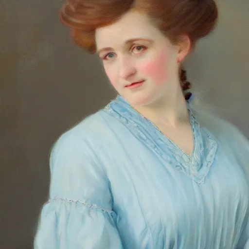 Image similar to portrait painting of a lady wearing a light blue dress 1 9 0 0 s, light, airy, garden, photorealistic, extreme detail, sharp focus, 8 k, intricate, hyper detailed, realistic, cinematic lighting