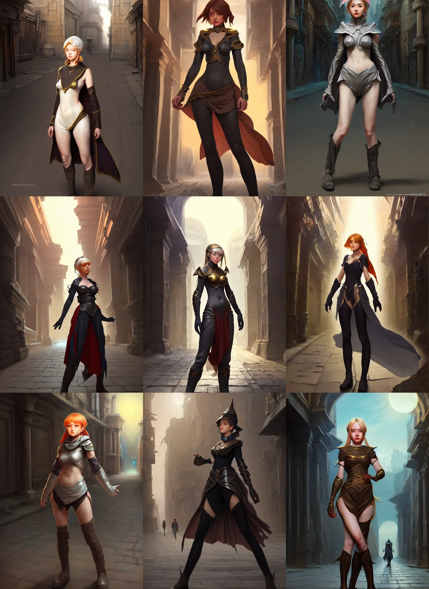Prompt: costume design from sci-fi designers, sophisticated composition, old masters light composition, procedurally generated, epic mage girl character posing for concept art, ancient city streets behind her, substance designer, PBR, HD, Ultra detailed, hyperrealistic, megascans, volumetric light, concept by master artist, made in paint tool SAI2, trending pixiv face