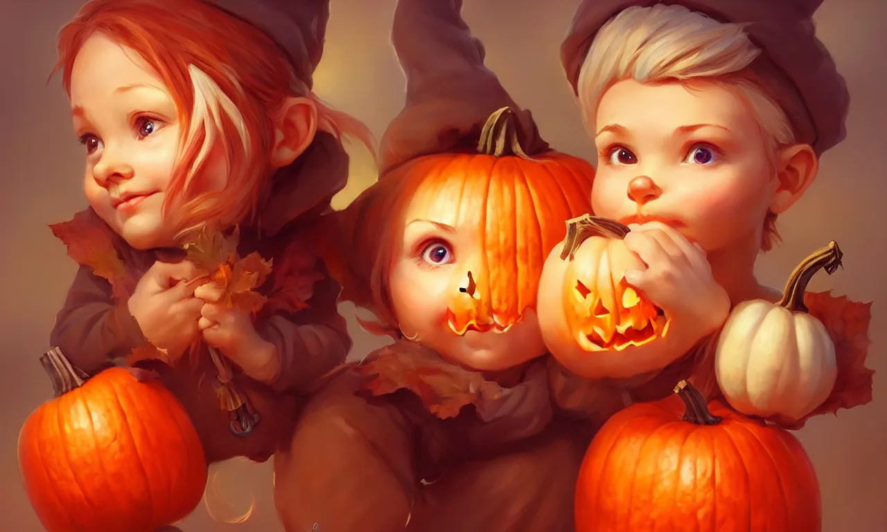 Image similar to hand drawn cute one gnomes face in autumn and pumpkin, detailed closeup face, concept art, low angle, high detail, warm lighting, volumetric, godrays, vivid, beautiful, trending on artstation, art by artgerm and greg rutkowski and alphonse mucha