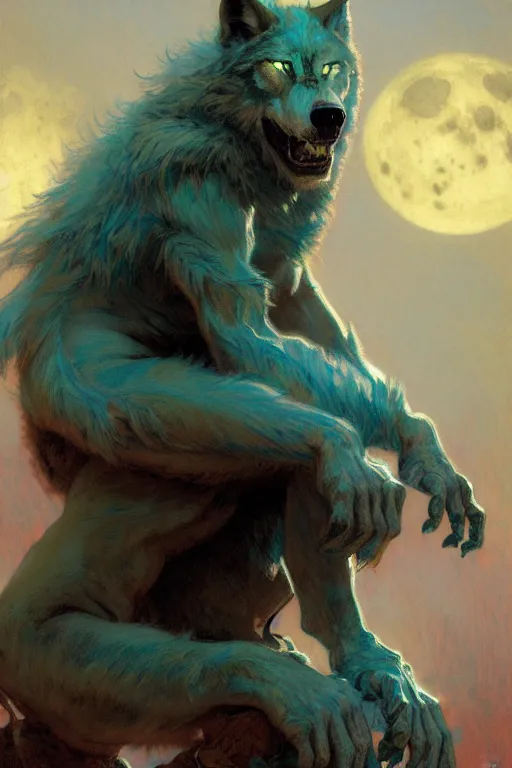 Image similar to pearlescent turquoise moon, wolf monster, character design, painting by gaston bussiere, craig mullins, greg rutkowski, alphonse mucha, trending on artstation