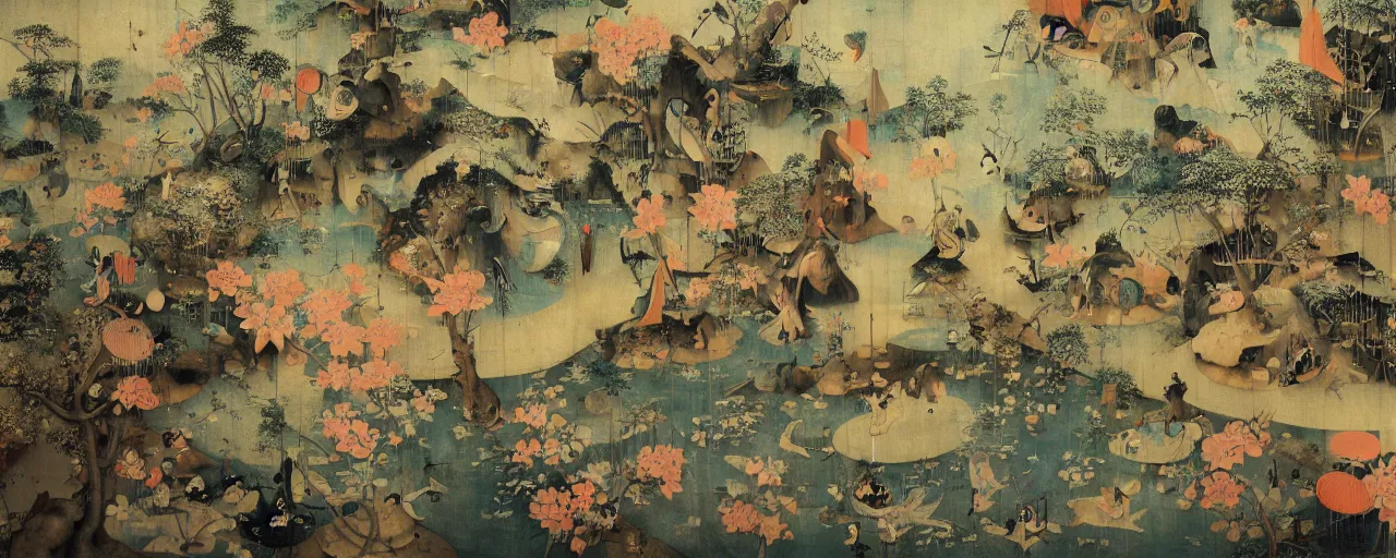 Image similar to Japanese Garden Triptych by Hieronymus Bosch and James Jean, Ross Tran, hypermaximalist, 8k, surreal oil painting, highly detailed, dream like, masterpiece