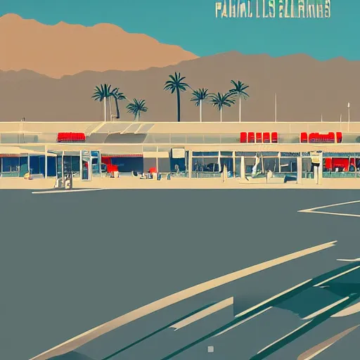 Prompt: a beautiful illustration of palm springs airport by James gilleard, artstation HD, geometric lines, HD, 4k, 8k