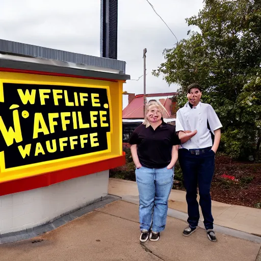 Image similar to wafflehouse employee's standing below wafflehouse sign