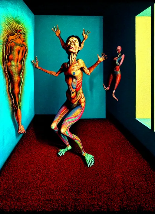 Prompt: realistic detailed photo rendered in octane 3d , of an out of body near-death experience in a old soviet apartment room with a carpet on the wall, shipibo , by Francis Bacon, by Ayami Kojima, Amano, Karol Bak, Greg Hildebrandt, and Mark Brooks , by Alex Grey. rich deep colors. Beksinski painting, art by Takato Yamamoto. masterpiece. rendered in blender, ultra realistic, smooth shading, ultra detailed, high resolution, cinematic, unreal 6