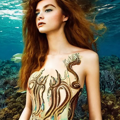 Prompt: mermaid , underwater , a stunning beautiful giorgia-era dress with brown long hair , abundant detail, octopuses and flowers