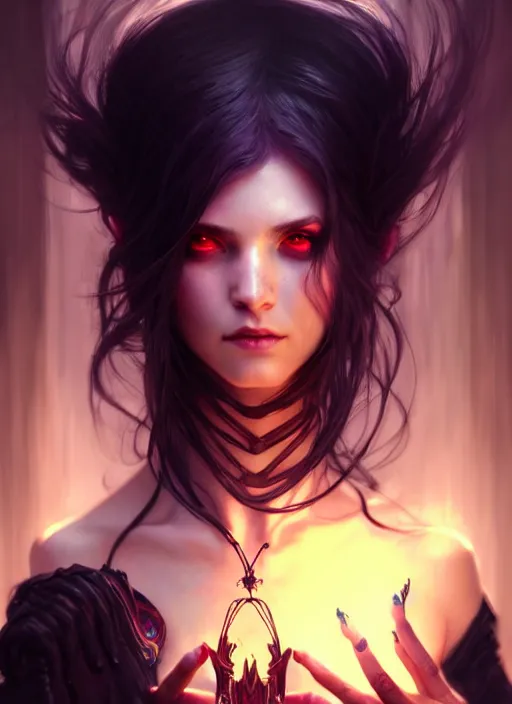 Image similar to Necromancer Sorceress, fantasy magic, undercut hairstyle, dark light night, intricate, elegant, sharp focus, illustration, highly detailed, digital painting, concept art, matte, art by WLOP and Artgerm and Greg Rutkowski and Alphonse Mucha, masterpiece