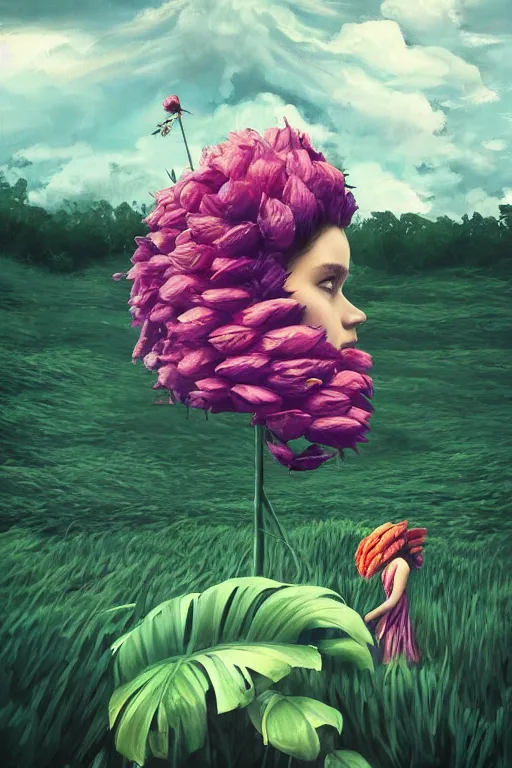 Image similar to closeup, girl with giant flower head, between monsteras, surreal photography, wind and cold, dramatic sky, impressionist painting, digital painting, artstation, simon stalenhag