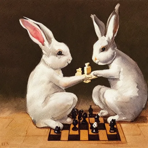 Image similar to two rabbits playing chess, in the style of anders zorn, watercolour