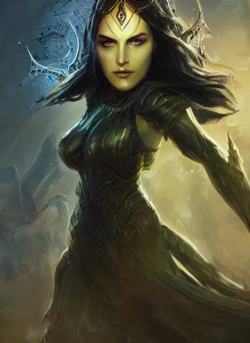 Image similar to hela goddess, ultra detailed fantasy, elden ring, realistic, dnd character portrait, full body, dnd, rpg, lotr game design fanart by concept art, behance hd, artstation, deviantart, global illumination radiating a glowing aura global illumination ray tracing hdr render in unreal engine 5