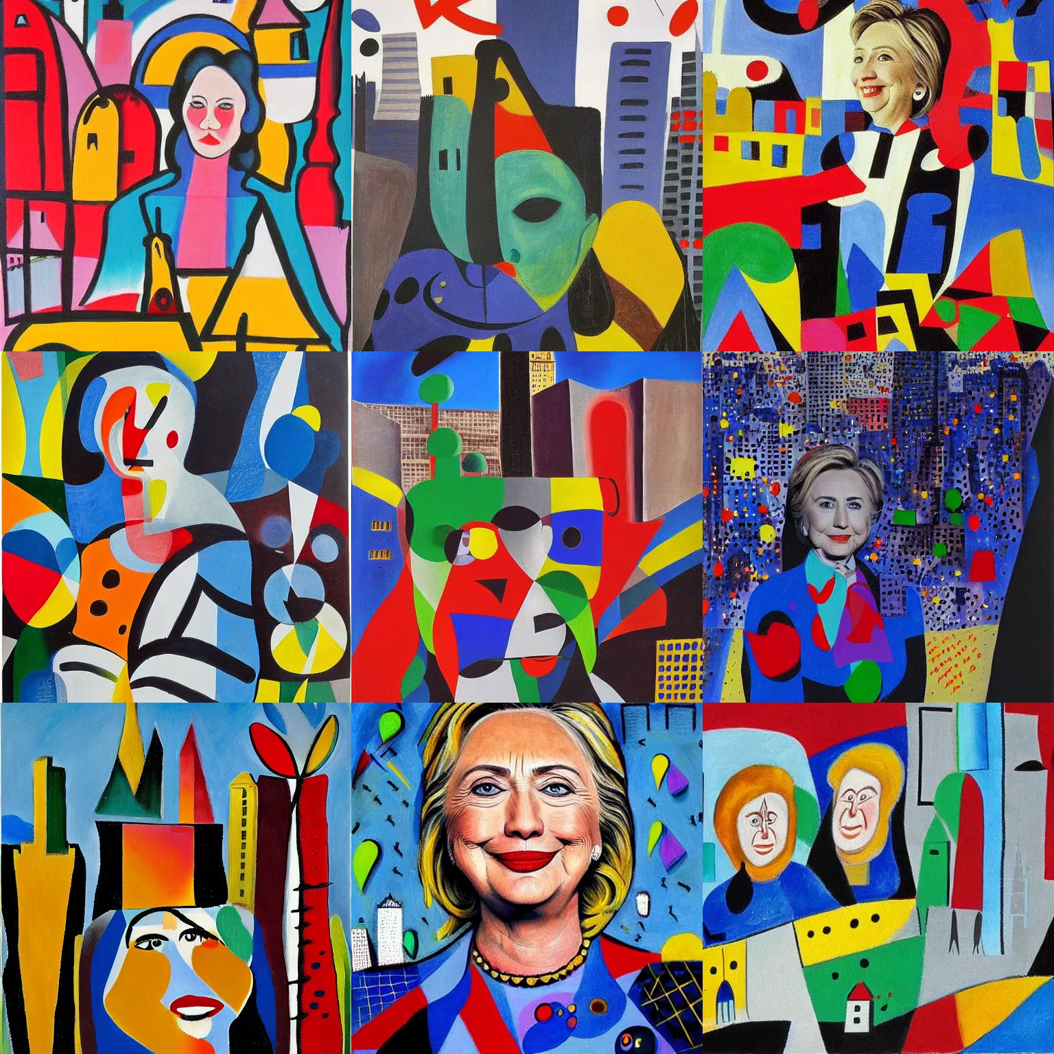 Prompt: detailed portrait of hillary clinton's face hidden amid a city skyline, painted by joan miro, oil on canvas