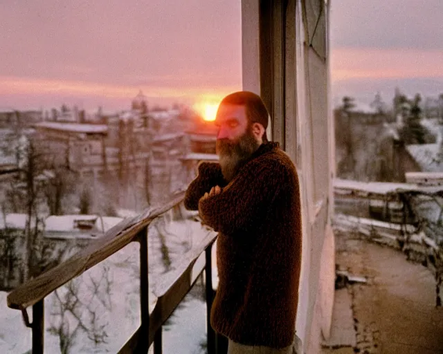 Image similar to lomographic tarkovsky film still of 4 0 years russian man with beard and sweater standing on small hrushevka 9 th floor balcony in taiga looking at sunset, cinestill, bokeh