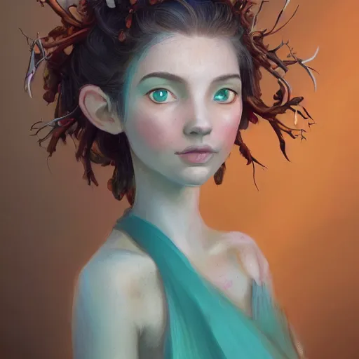 Prompt: A beautiful digital painting of a young woman with a round face and teal skin. She has antlers made from wood on her head and brown curly hair with orange oak leaves. She wears a green dress. D&D, fantasy, intricate, beautiful green eyes, cinematic lighting, highly detailed, digital painting, Artstation, concept art, smooth, sharp focus, illustration, art by Artgerm and Greg Rutkowski and Alphonse Mucha