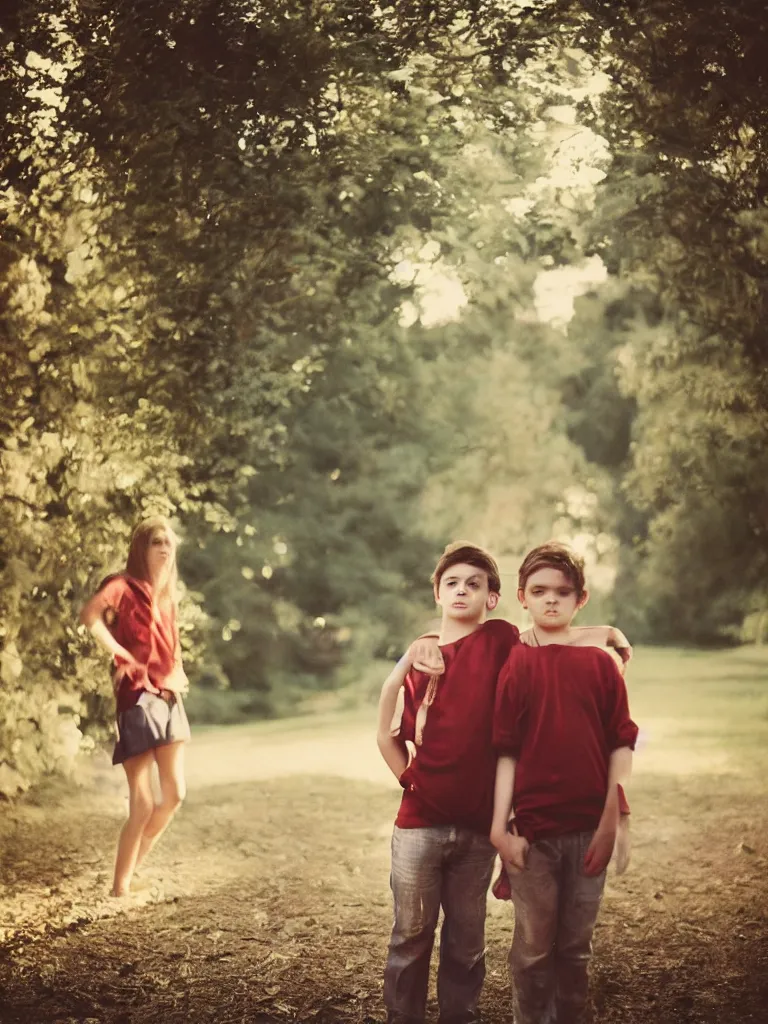 Image similar to a boy and a girl side by side, posing for a picture, a strong light behind them, nostalgic, night, some trees in the background, old polaroid, dramatic reddish light, atmospheric