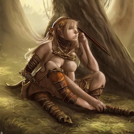 Image similar to a short, stocky female wood elf, resting after a battle, fantasy art