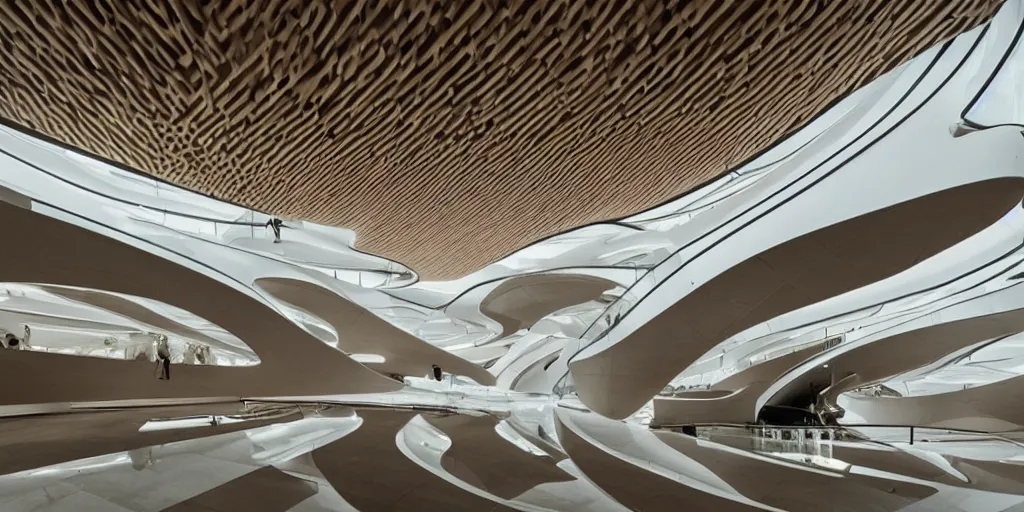 Image similar to extremely detailed stunning beautiful futuristic smooth curvilinear museum interior