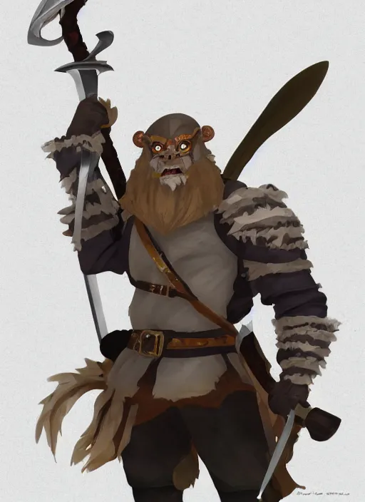 Image similar to strong young man, photorealistic bugbear ranger holding aflaming sword, black beard, dungeons and dragons, pathfinder, roleplaying game art, hunters gear, jeweled ornate leather and steel armour, concept art, character design on white background, by studio ghibli, makoto shinkai, kim jung giu, poster art, game art