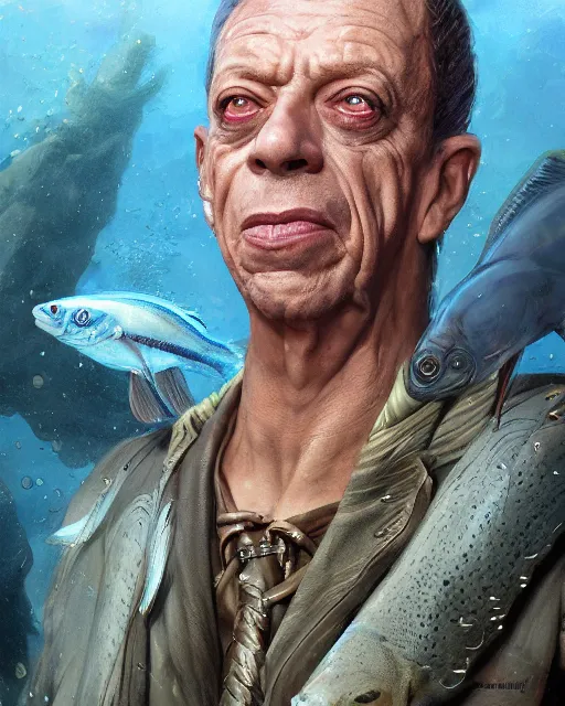 Image similar to don knotts, half man half fish, lovechild don knotts and fish, don knotts and fish hybrid, fantasy character portrait, ultra realistic, concept art, intricate details, highly detailed by greg rutkowski, gaston bussiere, craig mullins, simon bisley