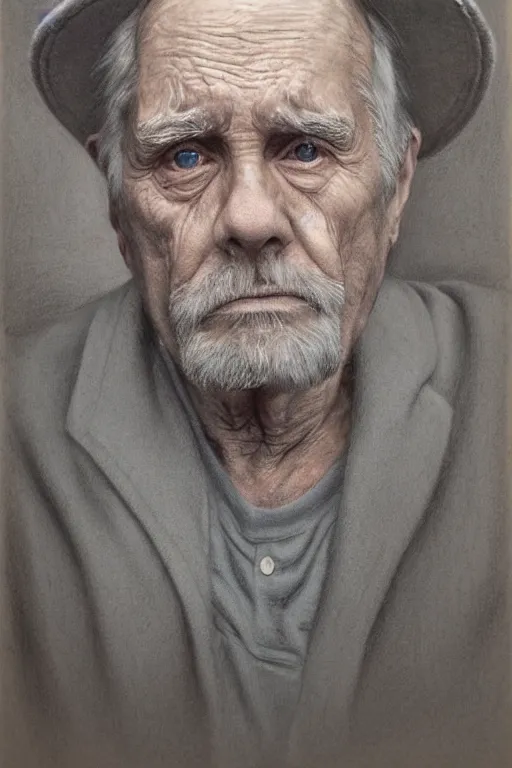 Prompt: a portrait of an old man with a solemn look and deep expression in his eyes, pastels drawing, highly detailed, strong lighting, cinematic, HD, 4K