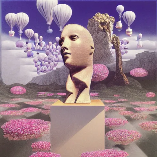 Prompt: David Friedrich, giant marble chess pieces, gold rings, liminal spaces, party balloons, checkered pattern, mirrors, David Friedrich, award winning masterpiece with incredible details, Zhang Kechun, a surreal vaporwave vaporwave vaporwave vaporwave vaporwave painting by Thomas Cole of an old pink mannequin head with flowers growing out, sinking underwater, highly detailed, computer glitch