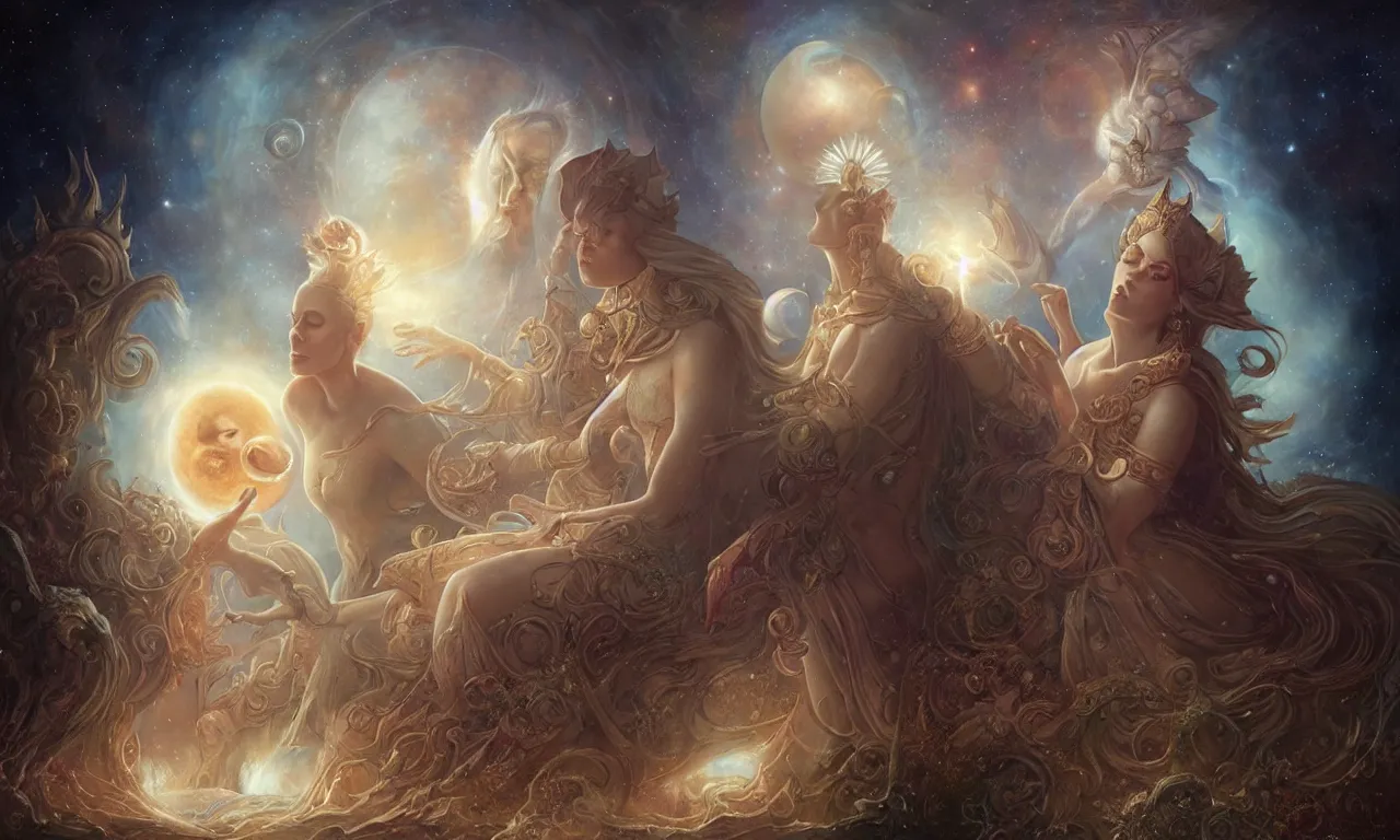 Image similar to sun king and moon queen in the cosmic court of mystical astronomy, art by tom bagshaw and marc simonetti