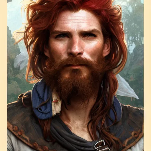 Image similar to portrait of a young ruggedly handsome but joyful pirate, male, masculine, upper body, red hair, long hair, d & d, fantasy, impish smirk, intricate, elegant, highly detailed, digital painting, artstation, concept art, matte, sharp focus, illustration, art by artgerm and greg rutkowski and alphonse mucha