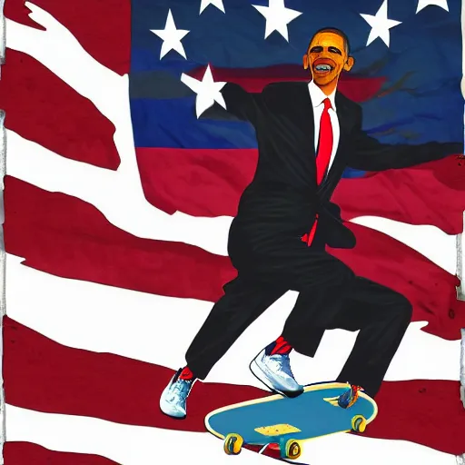 Image similar to Obama skateboarding, digital art