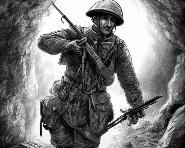 Image similar to A despaired soldier in a world war 1 trench, black and white, amazing digital art, hyper detailed, artstation, in the style of Tony Sart