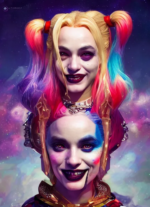 Prompt: cosmic portrait of harley quinn as a celestial being, hyper detailed, digital art, cinematic lighting, studio quality, smooth render, unreal engine 5, octane rendered, art style by klimt and nixeu and ian sprigger and wlop and krenz cushart.