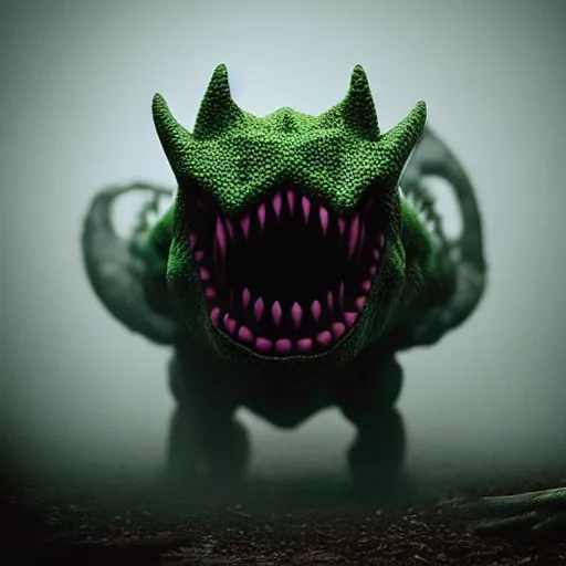 Image similar to Photo of a real life Pokemon, creepy!!!, scaly!!!, menacing!!!, evil, ultra realistic, morning, fog, volumetric lighting, sharp focus