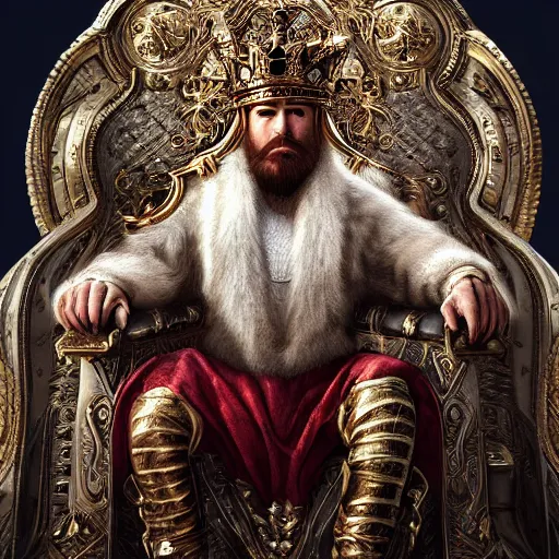Image similar to Portrait of a king sitting on his throne, beard, crystal crown, digital art, realistic, artstation, detailed