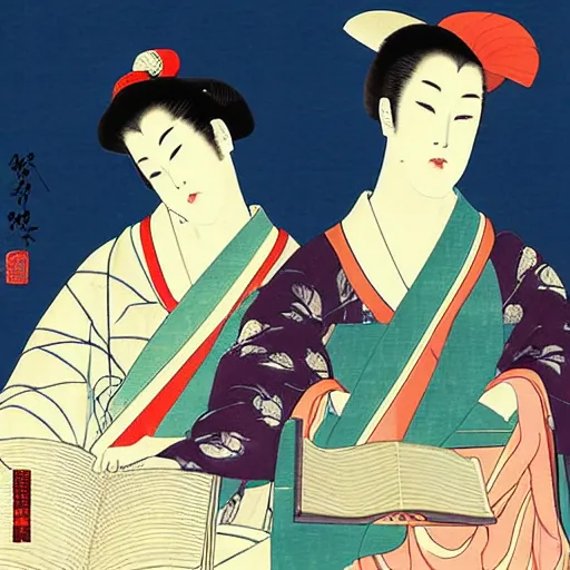 Image similar to mentor and student, digital art, utamaro kitagawa style