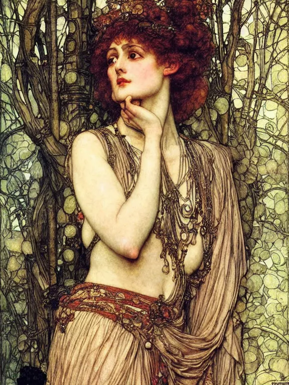 Prompt: Goddess. Extremely high detail, details, realistic, masterpiece, colorful. Portrait painting by Arthur Rackham, Eugene de Blaas, Frederic Leighton