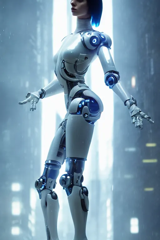 Image similar to cinematic shot of a cyborg woman with a porcelain body, perfect body, athletic, delft porcelain, led details, blade runner, ghost in the shell, futuristic, 8 k resolution, hyperdetailed, beautiful lighting, octane rendered, poser, photorealistic, exquisite details