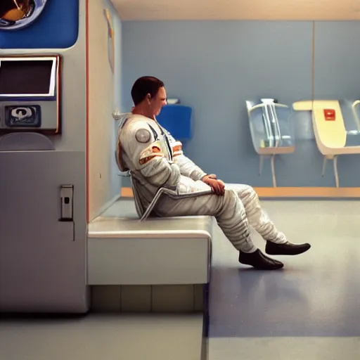 Image similar to a beautiful photo of an astronaut waiting in a laundromat, 1970', soft light, photorealistic, realistic, octane, 8k, cinematic shot