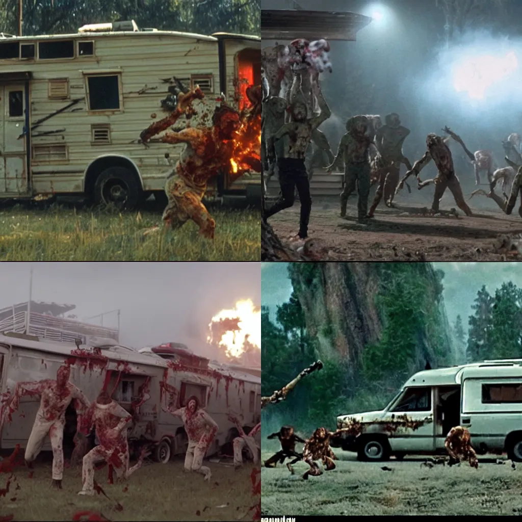 Prompt: James Cameron movie screenshot showing zombies attacking a fortified RV.