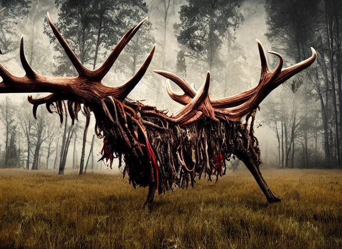 Prompt: photograph of a horrifying nature monster made of animal parts, tree parts, bones, antlers and an extremely long neck, in a meadow, nightmare, designed by ken barthelmey, dramatic lighting, full frame photography