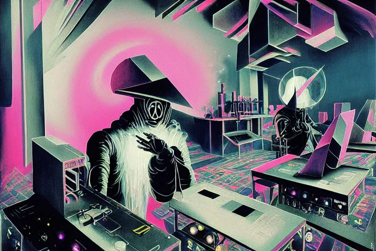 Image similar to a highly detailed beautiful masterpiece painting of a technomancer wizard in dazzle camouflage robes with pointed hood tampering with the world engine in his laboratory near a computer by Remedios Varo and Anato Finnstark and Greg Rutkowski and Andy Warhol, dayglo pink, dayglo blue, prismatic, pearlescent white, raven black, hyperrealism, 8k, trending on ArtStation, rendered in Octane, rendered in Unreal engine, award winning, volumetric lighting