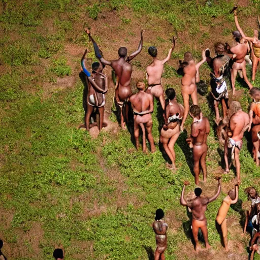 Prompt: aerial hd photograph of a uncontacted crowd of scantly clad african congo tribe looking into camera