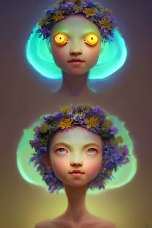 Image similar to super cute Bioluminescent Flower deity character concept, single head, no double head, soft light, soft mood, realistic body features and face, illustration, painting oil on canvas by Elena Zhurikhina and Goro Fujita and Charlie Bowater, octane render trending on artstation, 4k, 8k, HD