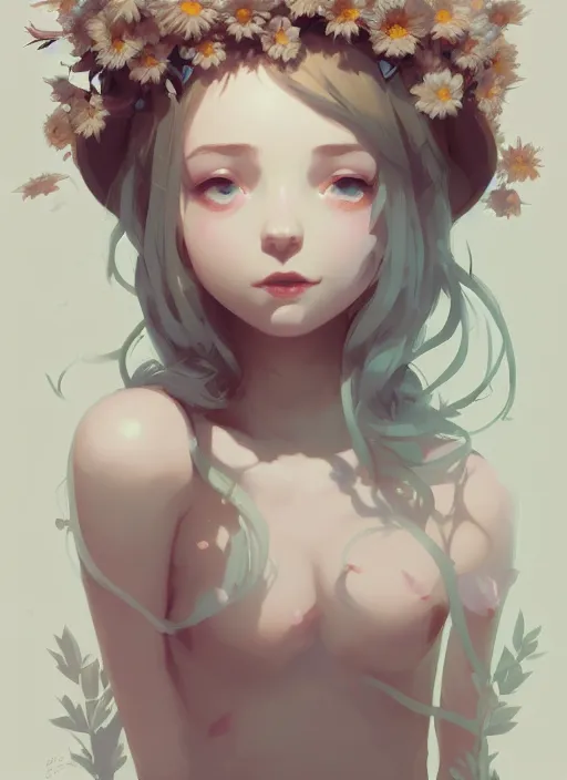 Image similar to portrait of cute nymph girl with crown of flowers, fantasy, by atey ghailan, by greg rutkowski, by greg tocchini, by james gilleard, by joe gb fenton, by in kaethe butcher, dynamic lighting, gradient light blue, brown, blonde cream and white color in scheme, grunge aesthetic