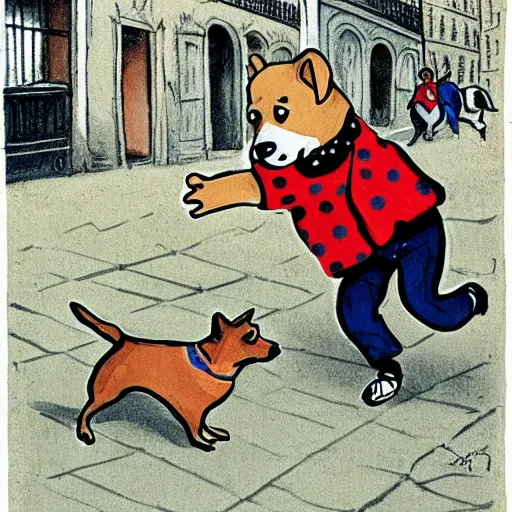 Image similar to illustration of french boy on the streets of paris playing football against a corgi, the dog is wearing a polka dot scarf, comic, 1 9 7 2