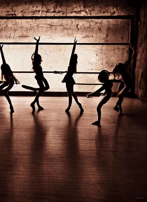 Prompt: a beautiful detailed photo of girls doing dance in a old dusty dark hall, realistic, f 8, 4 k hd wallpaper